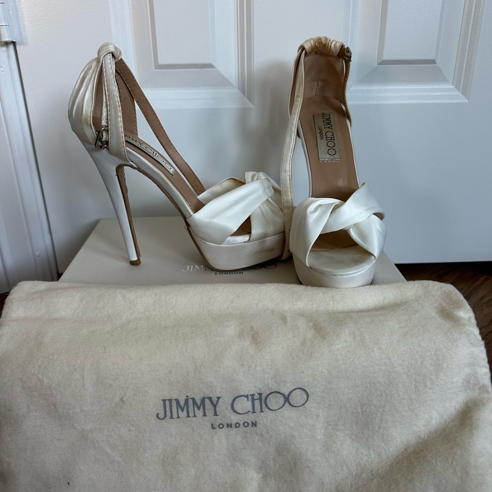 Jimmy Choo Ivory Satin Knotted Platform Sandals